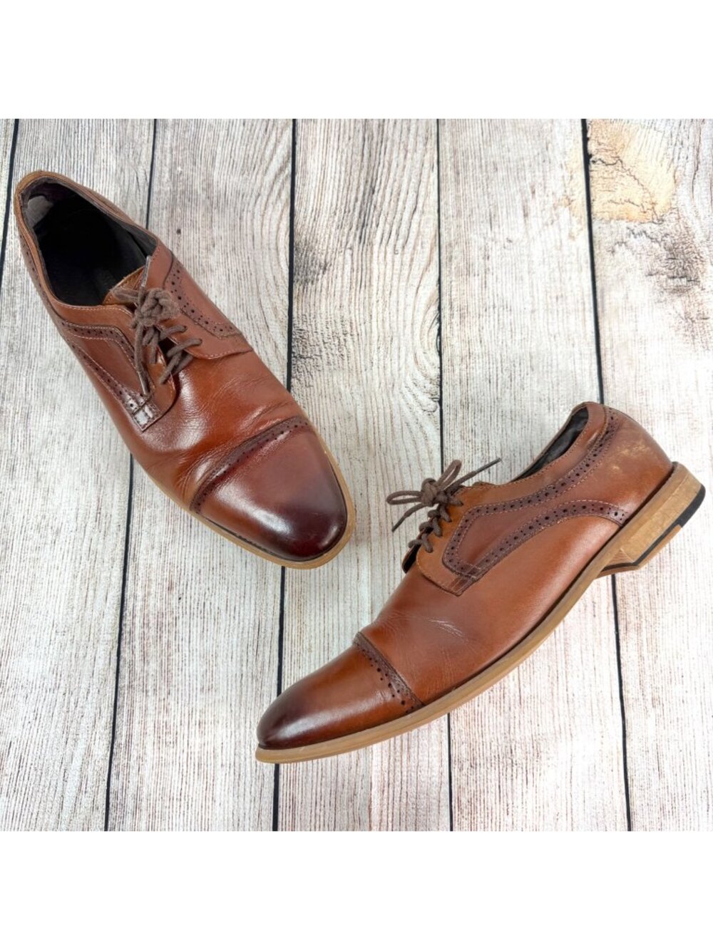 Stacy Adams Mens Dickinson Cap Toe Oxfords Cognac Leather Brogue Detailing 12W